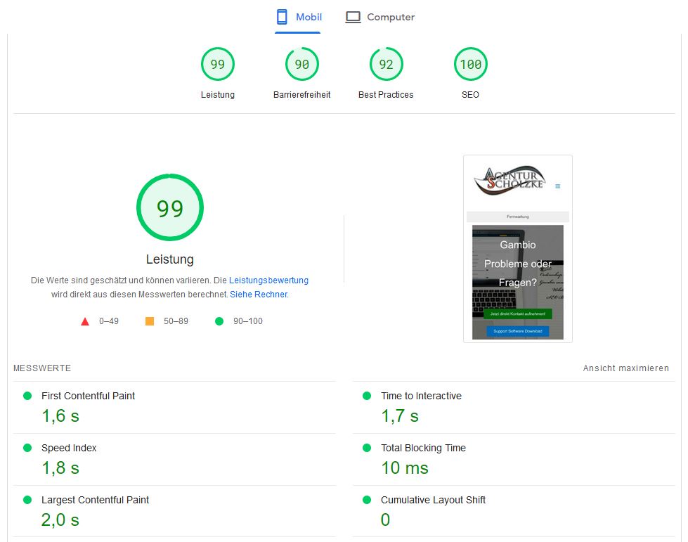 Google Pagespeed Test vom  04.12.2022
