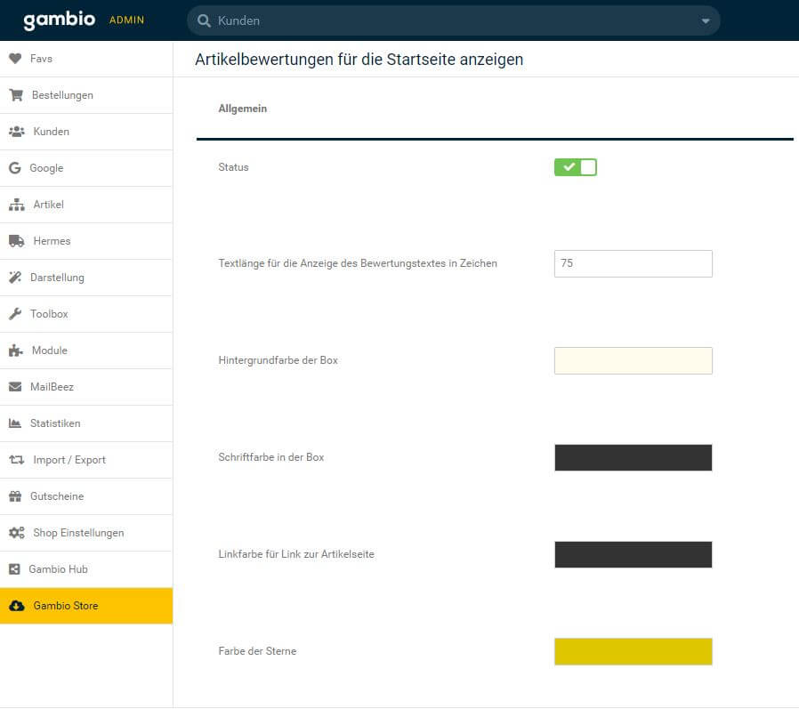 Modul Gambio Artikelbewertungen auf der Startseite