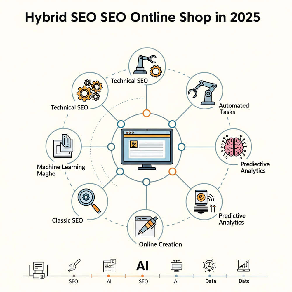 Grafik mit Symbolen zur SEO Strategie für Onlineshops