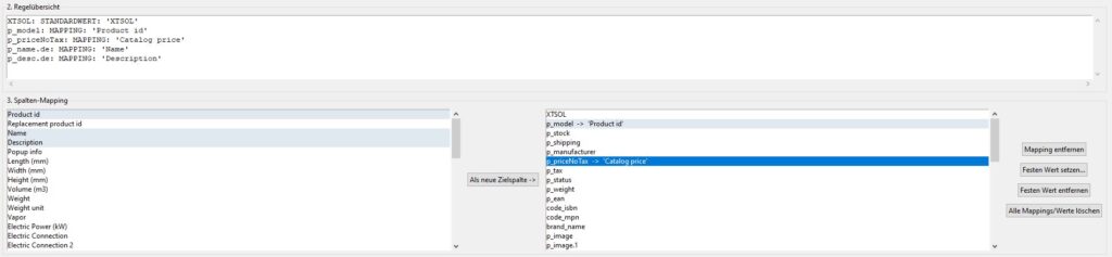 csv-mapping-ansicht Hier sieht man, wie das Mapping gemacht wird. Möglichkeit das ganze per Klick oder Drag and Drop zu machen