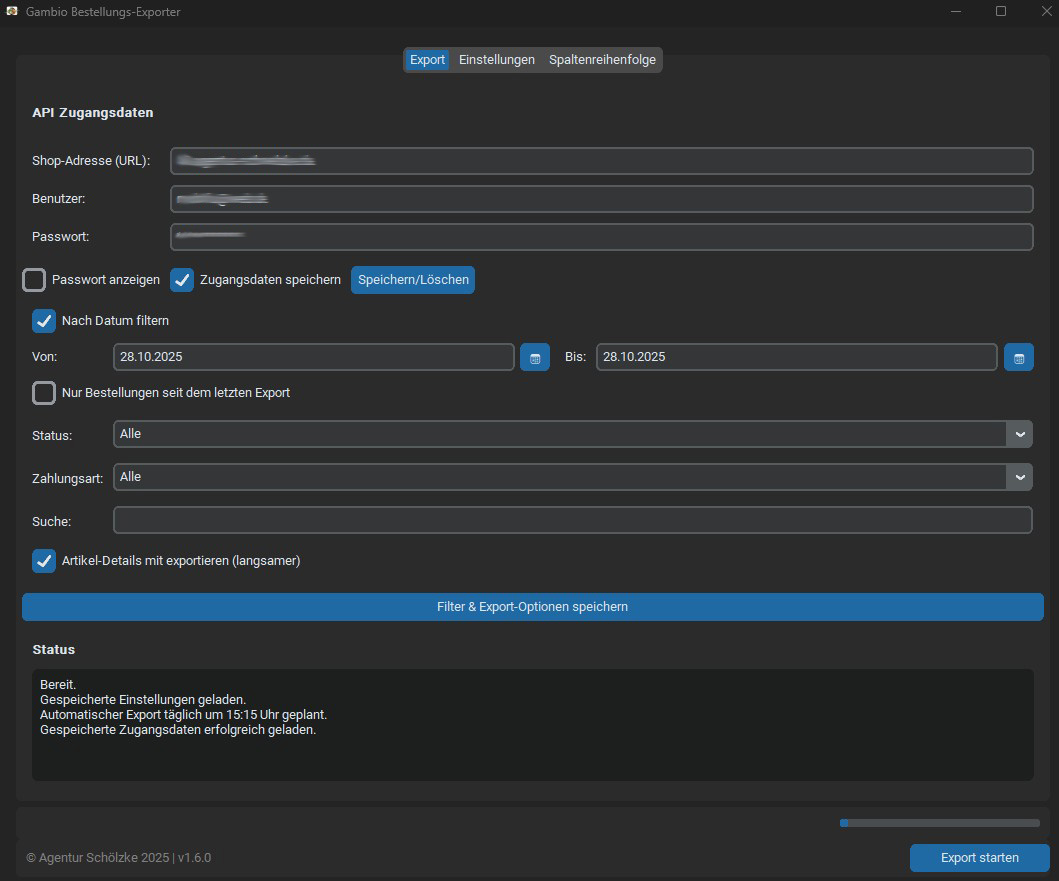 Tab für den Export der Bestellungen im Dark Modus