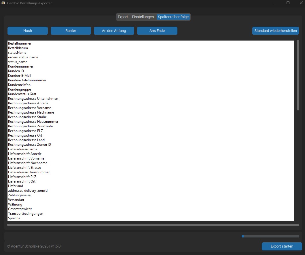 Tab für die Spaltenreihenfolge der Bestellungen im Dark Modus