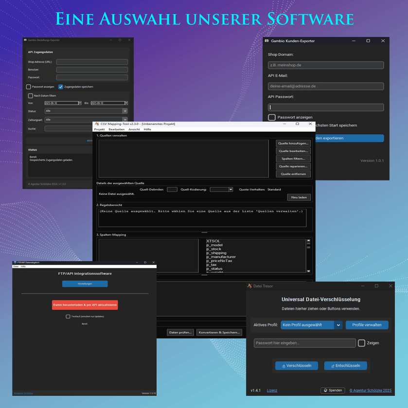 Software Beispiele der Agentur Schölzke für mehr Zeit für das Wesentliche, bunter Hintergrund, Software wird im Darkmode dargestellt.