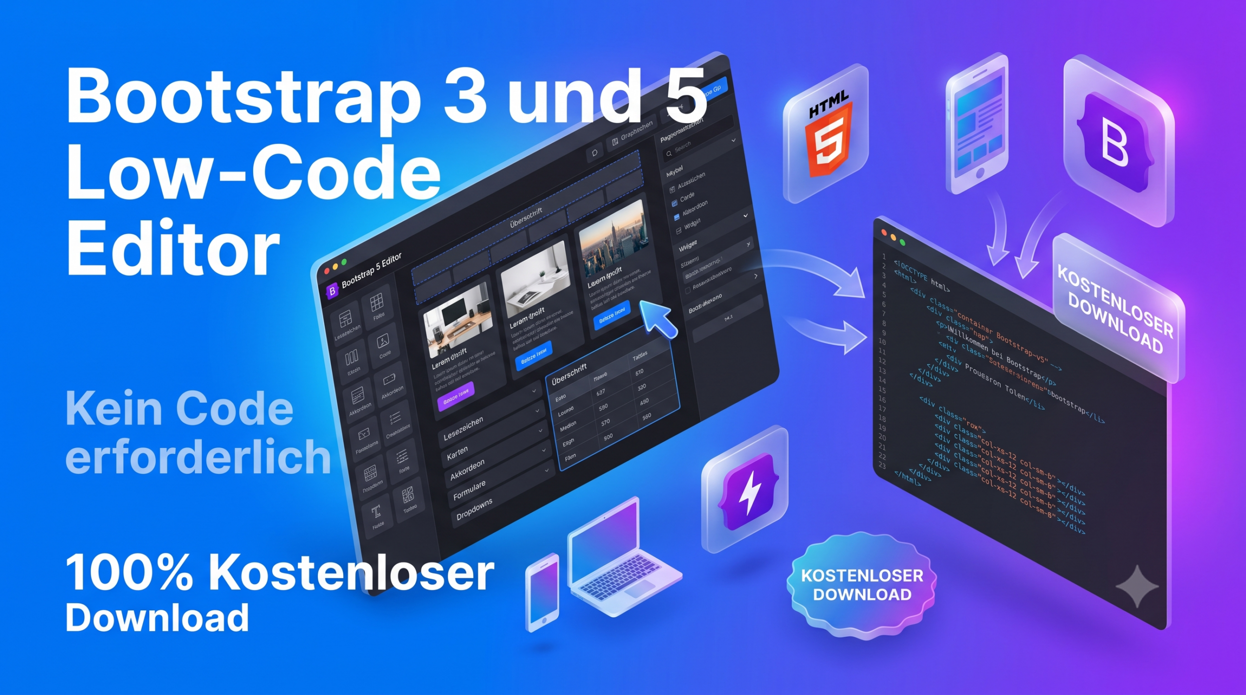 Kostenloser Bootstrap 3 und 5 Low-Code Editor für Onlineshop-Betreiber